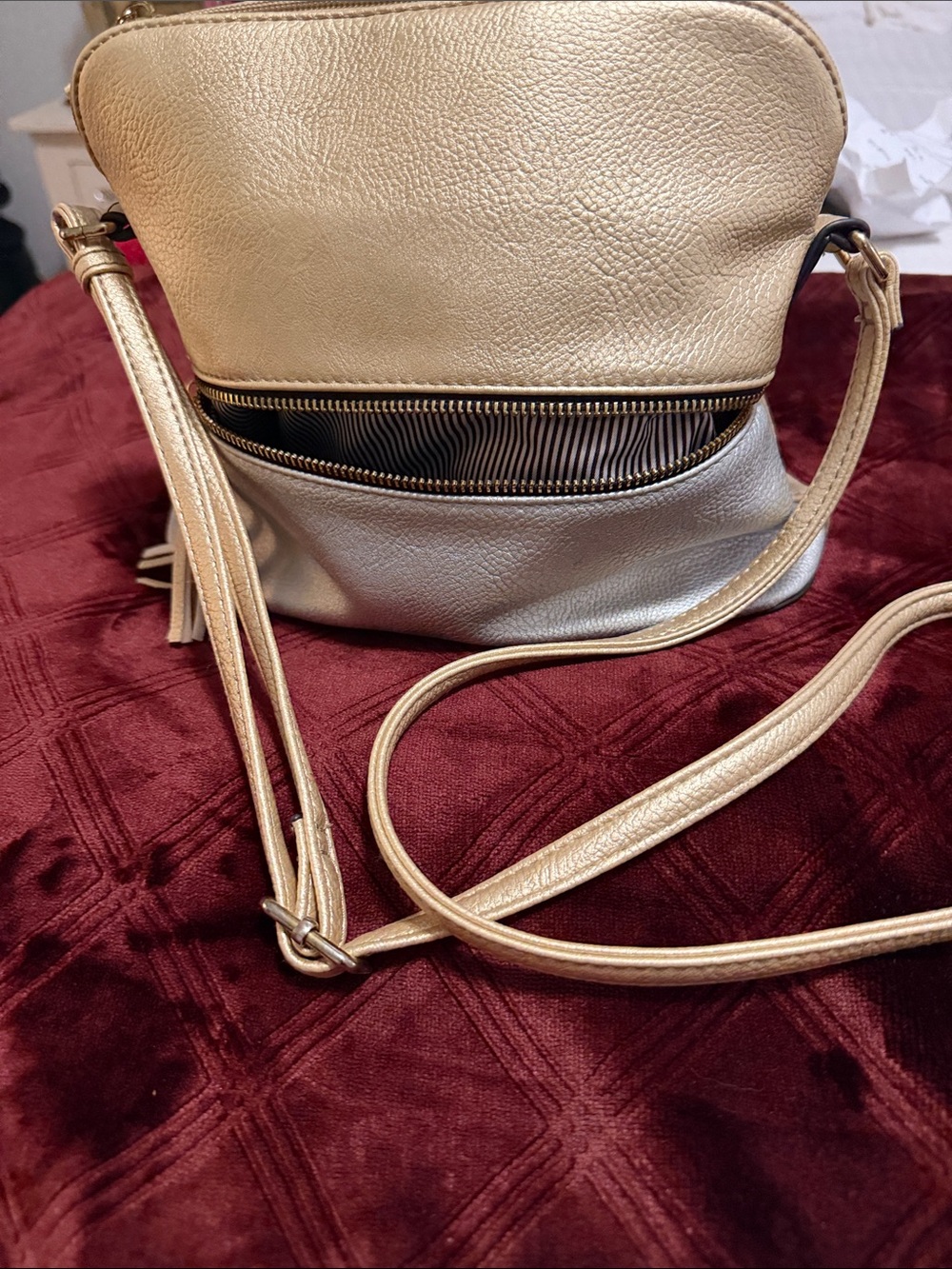 Gold Metallic Crossbody Bag with Tassel Accent
